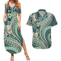 Hawaiian Hibiscus Tribal Vintage Motif Couples Matching Summer Maxi Dress and Hawaiian Shirt Ver 1 LT9 Sea Green - Polynesian Pride