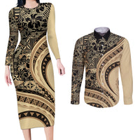 Hawaiian Hibiscus Tribal Vintage Motif Couples Matching Long Sleeve Bodycon Dress and Long Sleeve Button Shirt Ver 2