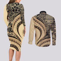 Hawaiian Hibiscus Tribal Vintage Motif Couples Matching Long Sleeve Bodycon Dress and Long Sleeve Button Shirt Ver 2