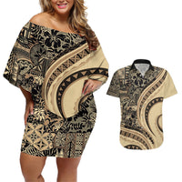 Hawaiian Hibiscus Tribal Vintage Motif Couples Matching Off Shoulder Short Dress and Hawaiian Shirt Ver 2 LT9 Beige - Polynesian Pride