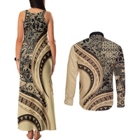 Hawaiian Hibiscus Tribal Vintage Motif Couples Matching Tank Maxi Dress and Long Sleeve Button Shirt Ver 2