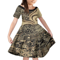 Hawaiian Hibiscus Tribal Vintage Motif Family Matching Short Sleeve Bodycon Dress and Hawaiian Shirt Ver 2