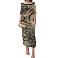 Hawaiian Hibiscus Tribal Vintage Motif Puletasi Ver 2 LT9 Long Dress Beige - Polynesian Pride