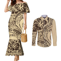 Hawaiian Hibiscus Tribal Vintage Motif Couples Matching Mermaid Dress and Long Sleeve Button Shirt Ver 3 LT9 Beige - Polynesian Pride