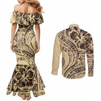 Hawaiian Hibiscus Tribal Vintage Motif Couples Matching Mermaid Dress and Long Sleeve Button Shirt Ver 3 LT9 - Polynesian Pride