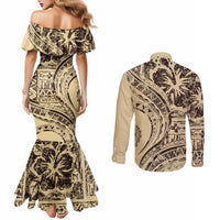 Hawaiian Hibiscus Tribal Vintage Motif Couples Matching Mermaid Dress and Long Sleeve Button Shirt Ver 3