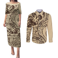 Hawaiian Hibiscus Tribal Vintage Motif Couples Matching Puletasi and Long Sleeve Button Shirt Ver 3 LT9 Beige - Polynesian Pride