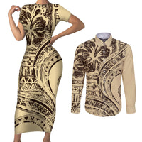 Hawaiian Hibiscus Tribal Vintage Motif Couples Matching Short Sleeve Bodycon Dress and Long Sleeve Button Shirt Ver 3