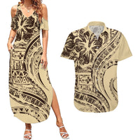 Hawaiian Hibiscus Tribal Vintage Motif Couples Matching Summer Maxi Dress and Hawaiian Shirt Ver 3 LT9 Beige - Polynesian Pride