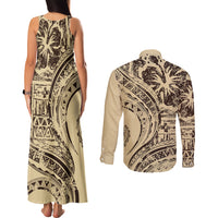 Hawaiian Hibiscus Tribal Vintage Motif Couples Matching Tank Maxi Dress and Long Sleeve Button Shirt Ver 3