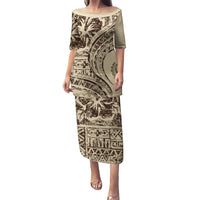 Hawaiian Hibiscus Tribal Vintage Motif Puletasi Ver 3 LT9 Long Dress Beige - Polynesian Pride