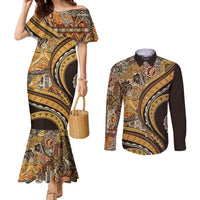 Hawaiian Hibiscus Tribal Vintage Motif Couples Matching Mermaid Dress and Long Sleeve Button Shirt Ver 4 LT9 Gold - Polynesian Pride