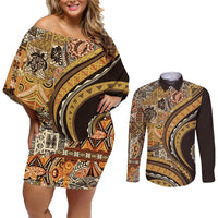 Hawaiian Hibiscus Tribal Vintage Motif Couples Matching Off Shoulder Short Dress and Long Sleeve Button Shirt Ver 4