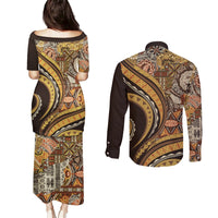 Hawaiian Hibiscus Tribal Vintage Motif Couples Matching Puletasi and Long Sleeve Button Shirt Ver 4