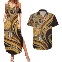 Hawaiian Hibiscus Tribal Vintage Motif Couples Matching Summer Maxi Dress and Hawaiian Shirt Ver 4 LT9 Gold - Polynesian Pride