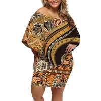 Hawaiian Hibiscus Tribal Vintage Motif Family Matching Off Shoulder Short Dress and Hawaiian Shirt Ver 4