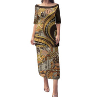 Hawaiian Hibiscus Tribal Vintage Motif Puletasi Ver 4 LT9 Long Dress Gold - Polynesian Pride