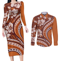 Hawaiian Hibiscus Tribal Vintage Motif Couples Matching Long Sleeve Bodycon Dress and Long Sleeve Button Shirt Ver 5