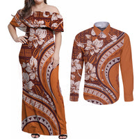 Hawaiian Hibiscus Tribal Vintage Motif Couples Matching Off Shoulder Maxi Dress and Long Sleeve Button Shirt Ver 5