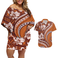 Hawaiian Hibiscus Tribal Vintage Motif Couples Matching Off Shoulder Short Dress and Hawaiian Shirt Ver 5 LT9 Gold - Polynesian Pride