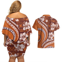 Hawaiian Hibiscus Tribal Vintage Motif Couples Matching Off Shoulder Short Dress and Hawaiian Shirt Ver 5 LT9 - Polynesian Pride