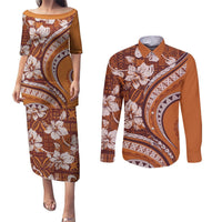 Hawaiian Hibiscus Tribal Vintage Motif Couples Matching Puletasi and Long Sleeve Button Shirt Ver 5 LT9 Gold - Polynesian Pride