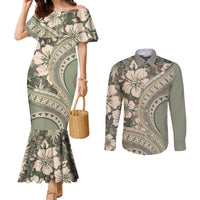 Hawaiian Hibiscus Tribal Vintage Motif Couples Matching Mermaid Dress and Long Sleeve Button Shirt Ver 6 LT9 Green Pastel - Polynesian Pride