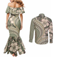 Hawaiian Hibiscus Tribal Vintage Motif Couples Matching Mermaid Dress and Long Sleeve Button Shirt Ver 6 LT9 - Polynesian Pride