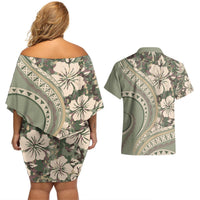 Hawaiian Hibiscus Tribal Vintage Motif Couples Matching Off Shoulder Short Dress and Hawaiian Shirt Ver 6