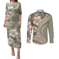 Hawaiian Hibiscus Tribal Vintage Motif Couples Matching Puletasi and Long Sleeve Button Shirt Ver 6 LT9 Green Pastel - Polynesian Pride
