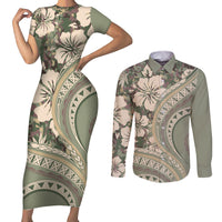 Hawaiian Hibiscus Tribal Vintage Motif Couples Matching Short Sleeve Bodycon Dress and Long Sleeve Button Shirt Ver 6