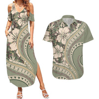 Hawaiian Hibiscus Tribal Vintage Motif Couples Matching Summer Maxi Dress and Hawaiian Shirt Ver 6 LT9 Green Pastel - Polynesian Pride
