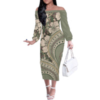 Hawaiian Hibiscus Tribal Vintage Motif Family Matching Off The Shoulder Long Sleeve Dress and Hawaiian Shirt Ver 6