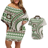 Hawaiian Hibiscus Tribal Vintage Motif Couples Matching Off Shoulder Short Dress and Hawaiian Shirt Ver 7 LT9 Green - Polynesian Pride