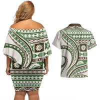 Hawaiian Hibiscus Tribal Vintage Motif Couples Matching Off Shoulder Short Dress and Hawaiian Shirt Ver 7 LT9 - Polynesian Pride