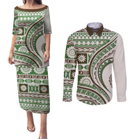 Hawaiian Hibiscus Tribal Vintage Motif Couples Matching Puletasi and Long Sleeve Button Shirt Ver 7 LT9 Green - Polynesian Pride