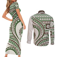 Hawaiian Hibiscus Tribal Vintage Motif Couples Matching Short Sleeve Bodycon Dress and Long Sleeve Button Shirt Ver 7