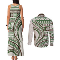 Hawaiian Hibiscus Tribal Vintage Motif Couples Matching Tank Maxi Dress and Long Sleeve Button Shirt Ver 7