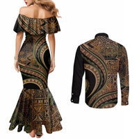 Hawaiian Hibiscus Tribal Vintage Motif Couples Matching Mermaid Dress and Long Sleeve Button Shirt Ver 8