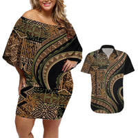 Hawaiian Hibiscus Tribal Vintage Motif Couples Matching Off Shoulder Short Dress and Hawaiian Shirt Ver 8 LT9 Brown - Polynesian Pride