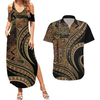 Hawaiian Hibiscus Tribal Vintage Motif Couples Matching Summer Maxi Dress and Hawaiian Shirt Ver 8 LT9 Brown - Polynesian Pride