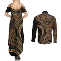 Hawaiian Hibiscus Tribal Vintage Motif Couples Matching Summer Maxi Dress and Long Sleeve Button Shirt Ver 8