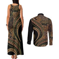 Hawaiian Hibiscus Tribal Vintage Motif Couples Matching Tank Maxi Dress and Long Sleeve Button Shirt Ver 8