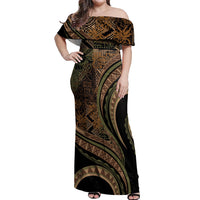 Hawaiian Hibiscus Tribal Vintage Motif Off Shoulder Maxi Dress Ver 8 LT9 Women Brown - Polynesian Pride