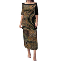 Hawaiian Hibiscus Tribal Vintage Motif Puletasi Ver 8 LT9 Long Dress Brown - Polynesian Pride