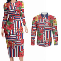 Hawaii Hibiscus Lei Couples Matching Long Sleeve Bodycon Dress and Long Sleeve Button Shirt Hawaiian Flag Motif LT9 Red - Polynesian Pride
