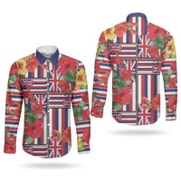 Hawaii Hibiscus Lei Couples Matching Long Sleeve Bodycon Dress and Long Sleeve Button Shirt Hawaiian Flag Motif LT9 - Polynesian Pride