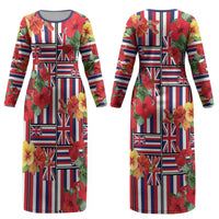 Hawaii Hibiscus Lei Couples Matching Long Sleeve Bodycon Dress and Long Sleeve Button Shirt Hawaiian Flag Motif LT9 - Polynesian Pride