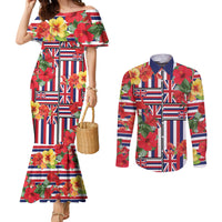 Hawaii Hibiscus Lei Couples Matching Mermaid Dress and Long Sleeve Button Shirt Hawaiian Flag Motif LT9 Red - Polynesian Pride
