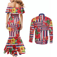 Hawaii Hibiscus Lei Couples Matching Mermaid Dress and Long Sleeve Button Shirt Hawaiian Flag Motif LT9 - Polynesian Pride
